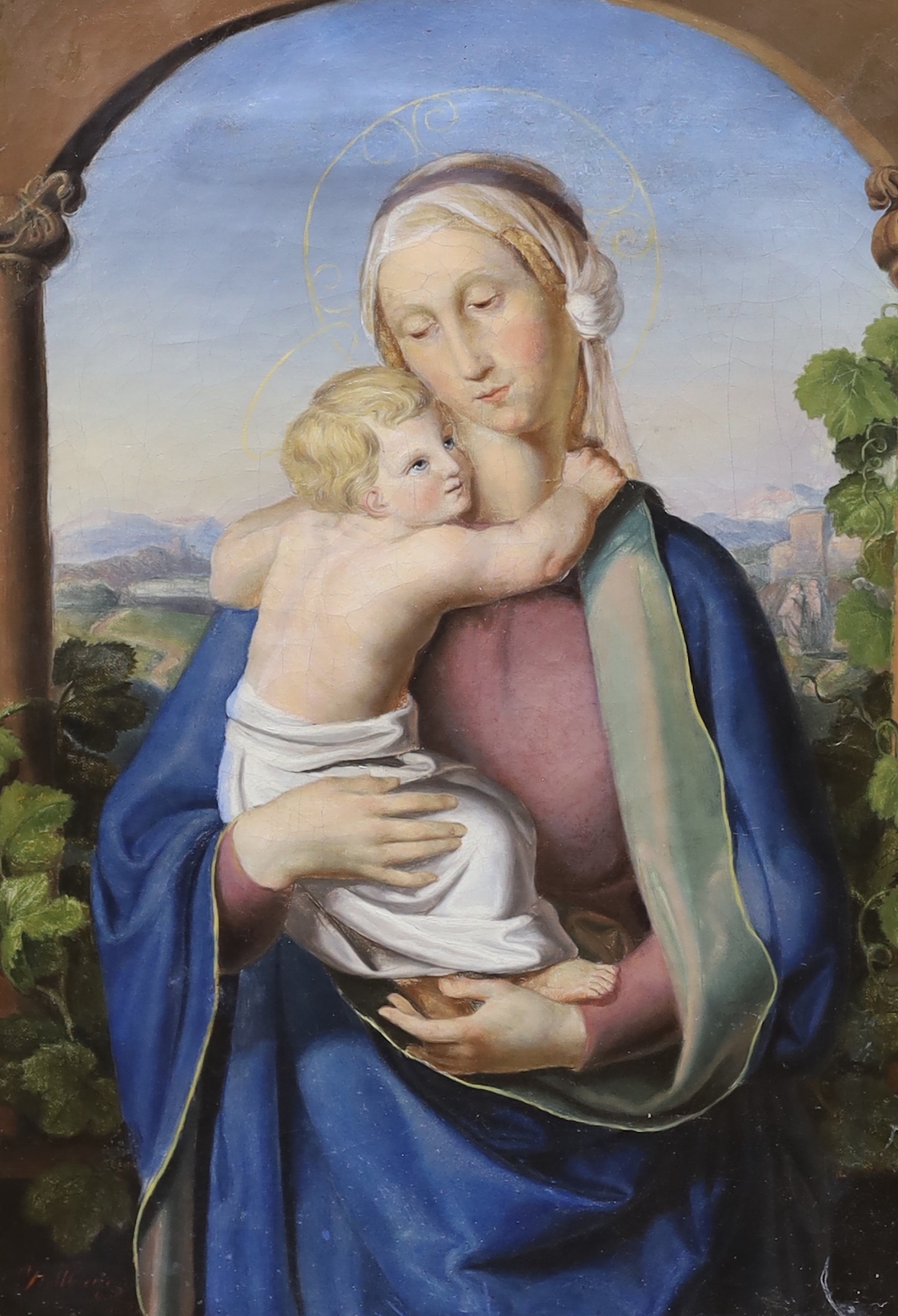 Mid 19th century Italian oil on canvas, Madonna and child, indistinctly signed and dated 1839 lower left, 51 x 36cm, with associated gilt frame